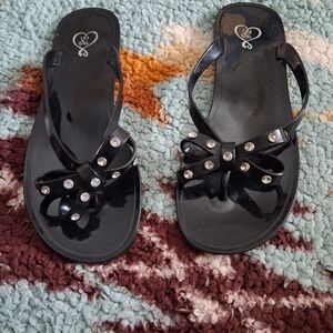 143 Girl Black Sandals with Rhinestone Bow